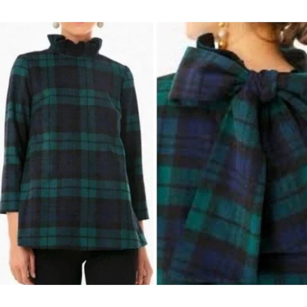 Tuckernuck Blackwatch Plaid Faye Blouse Plaid Wool Ruffle Bow Back Preppy SZ M